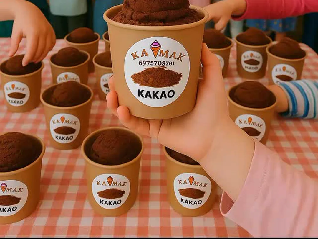 Κυπελλάκια με παγωτό κακάο KAYMAK πάνω σε τραπέζι σχολικής εκδήλωσης και ένα κυπελλάκι στο κέντρο που κρατιέται στο χέρι.