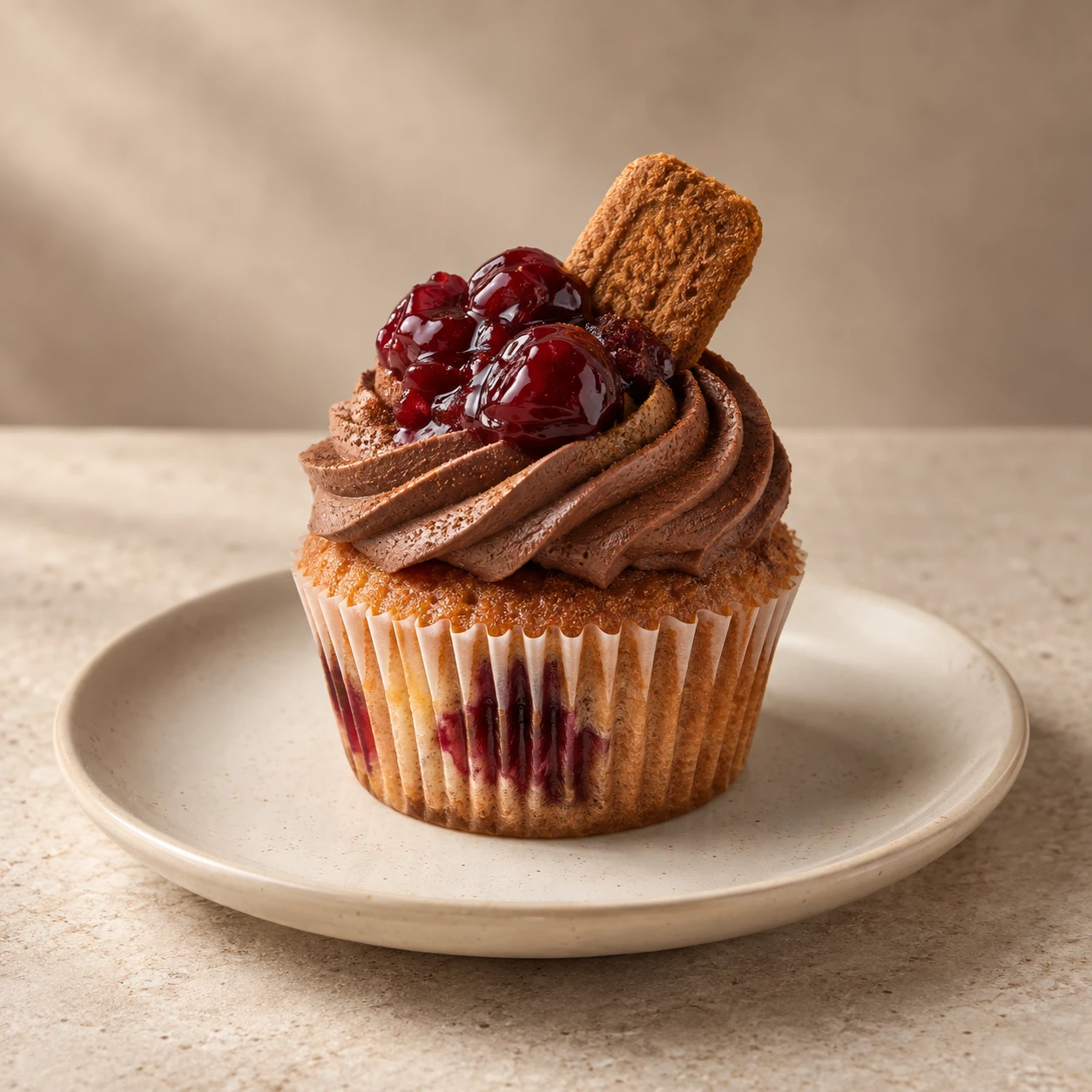 Sour cherry cupcake with cinnamon biscuit and cocoa cream